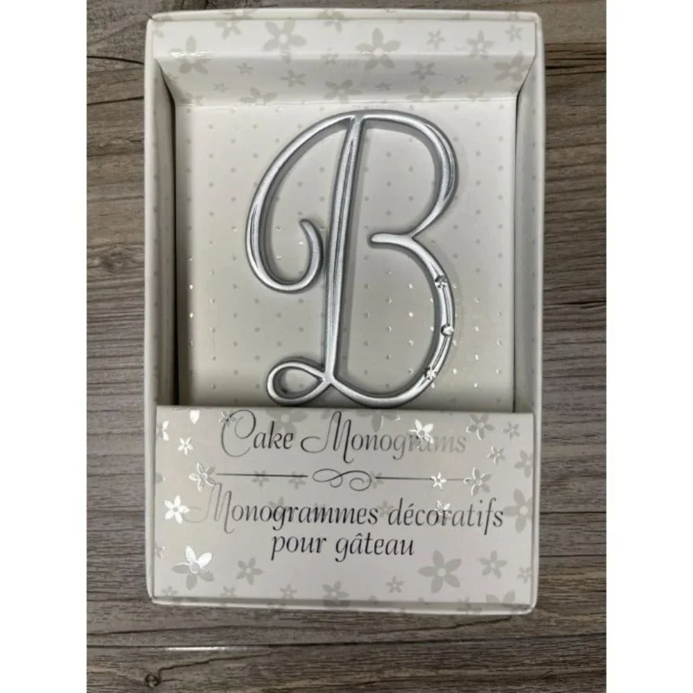 Wedding Small B Silver Finish Monogram Initial Rhinestones Cake Topper